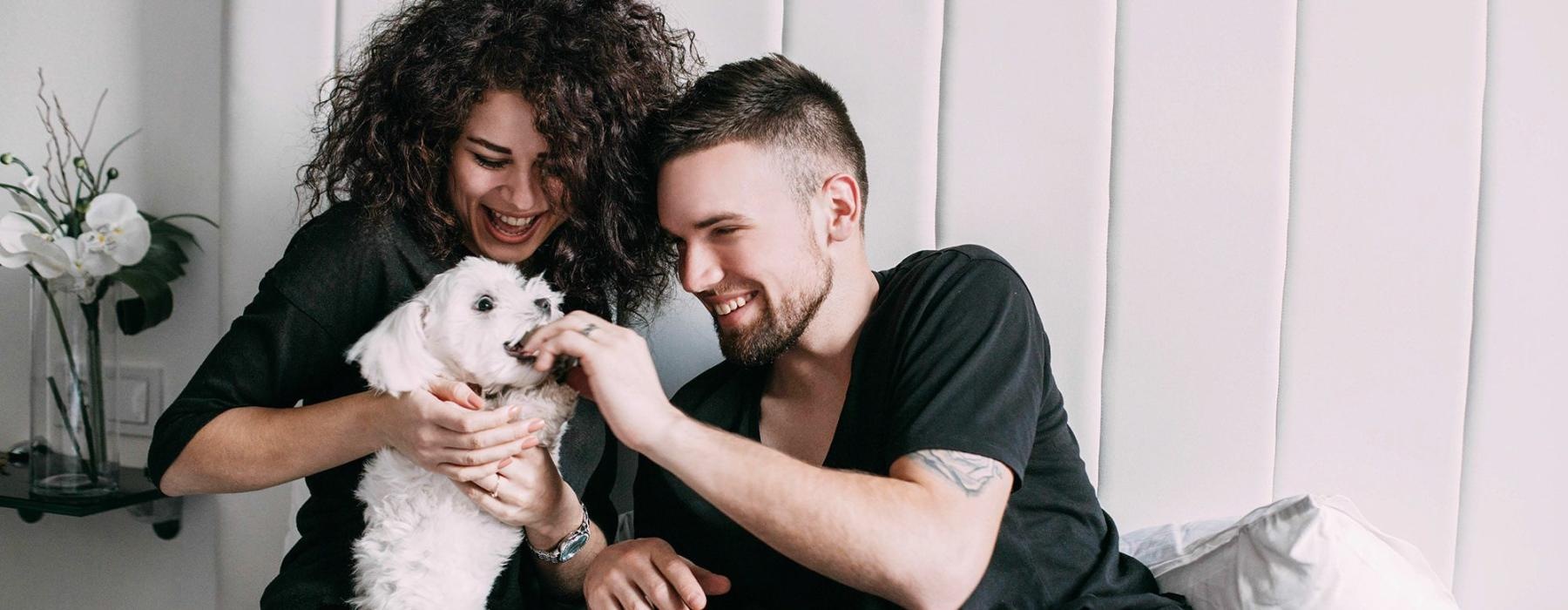 a man and woman sitting on a bed playing with a dog